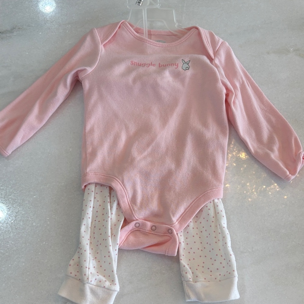 Pink 'Snuggle Bunny' Long-Sleeve Baby Two-Piece Bodysuit,Polka Dot Pants 12-18 m
